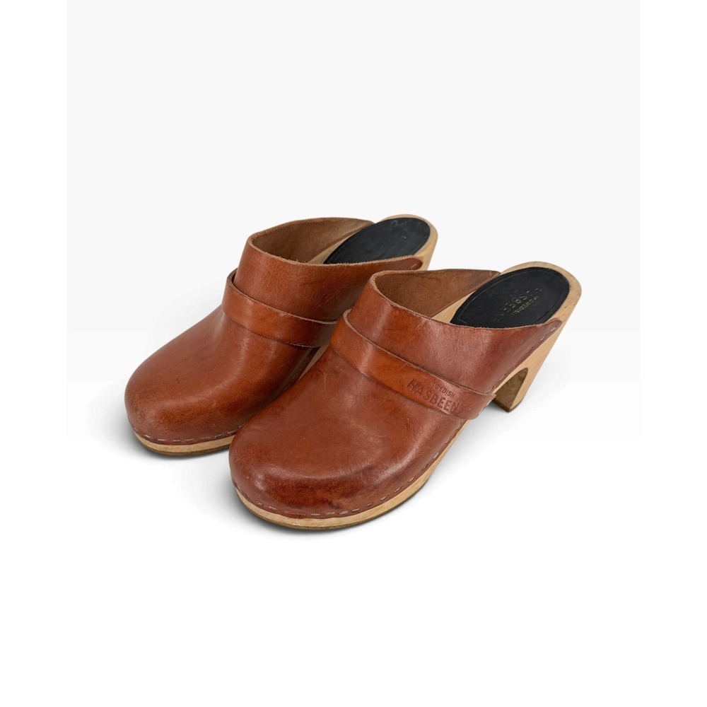 Swedish Hasbeens Wood Platform Heels Clogs 37 7 Cognac Brown Leather Mules